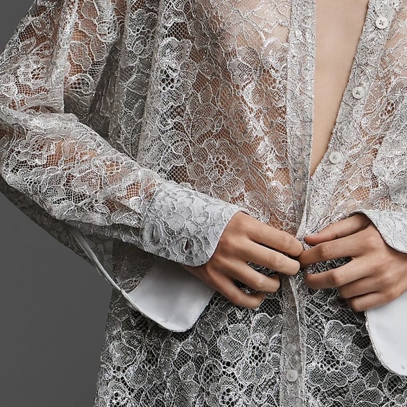 NWT Anthropologie Metallic Lace Button Down Shirt Neon Silver Medium - Picture 3 of 4